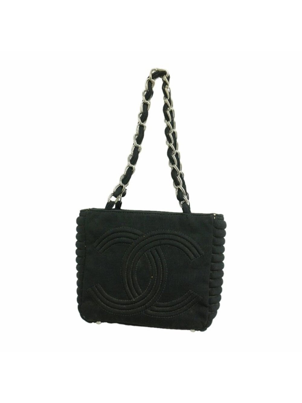 Chanel Shoulder Bag Cotton Jersey Black Silver